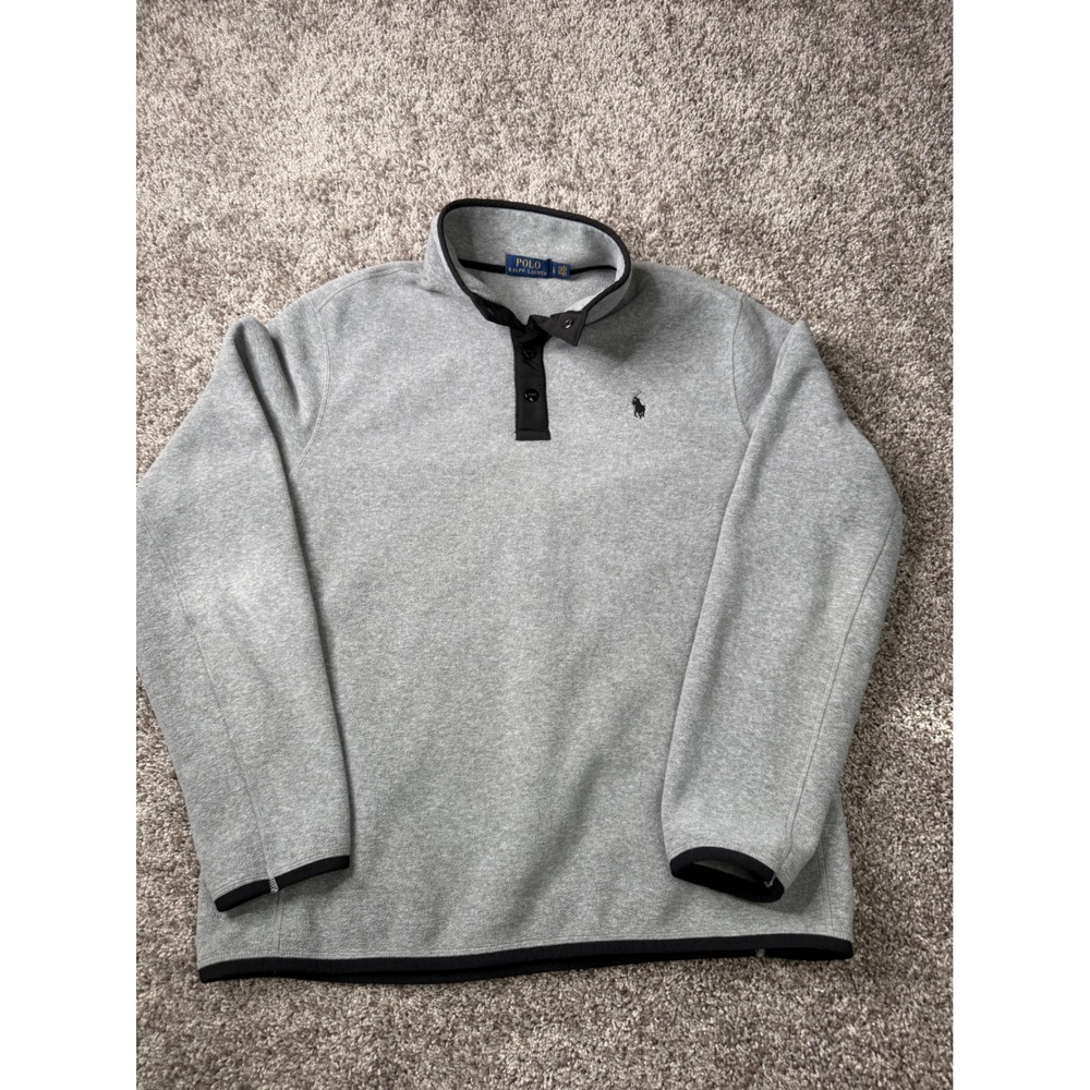 Polo Ralph Lauren Mens Large Gray Fleece Snap Pullover Black Trim